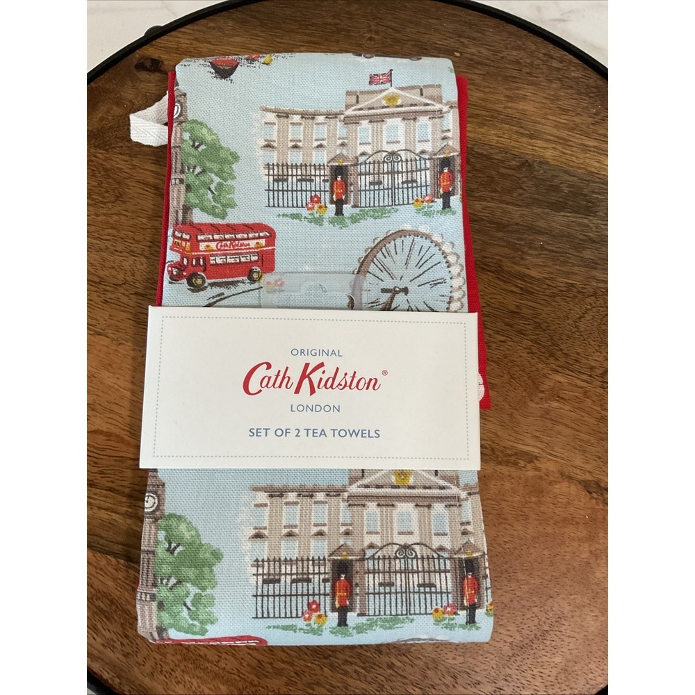 Cath Kidston London Scenes & Red Polka Dot Tea Towels w/ hang loop Set of 2, NWT